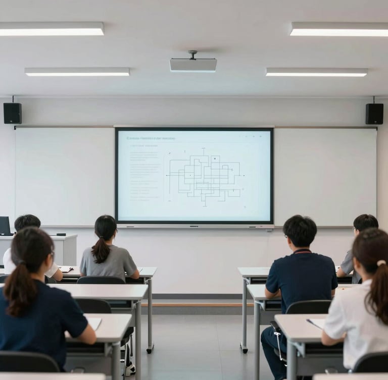 Wide environmental shot of a bright modern university classroom with natural daylight, a large interactive display on the front wall showing clean schematics, students sitting at modular desks, sharp focus, 35mm.