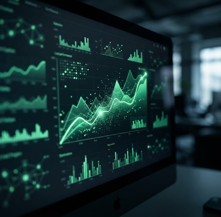 Macro close-up of a live performance marketing dashboard on a dark screen, glowing electric green charts, shallow depth of field, cool office lighting.