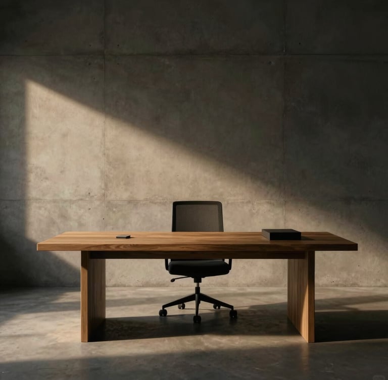 Cinematic editorial photo of a high-end architectural workspace, warm champagne light casting long shadows on a concrete wall, minimalist oak desk, 35mm, moody low-key lighting