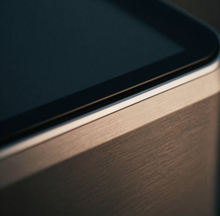 Extreme close-up of high-end hardware, tactile brushed steel and dark glass, soft warm champagne light reflecting off pristine metallic edges, shallow depth of field.