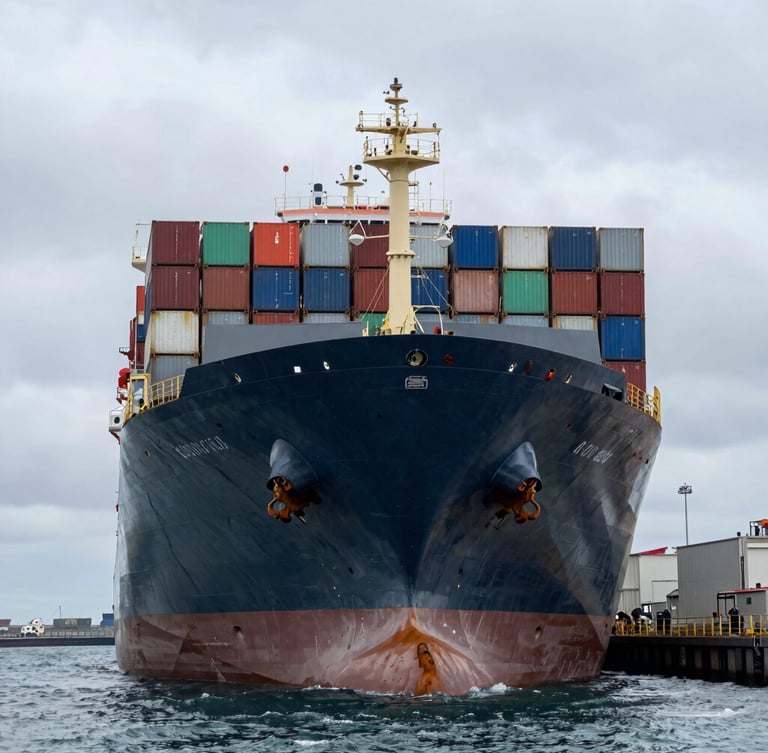 Wide-angle dramatic shot of a massive 50,000-ton container ship hull in a drydock, overcast North Sea daylight, towering steel plates, industrial scale.