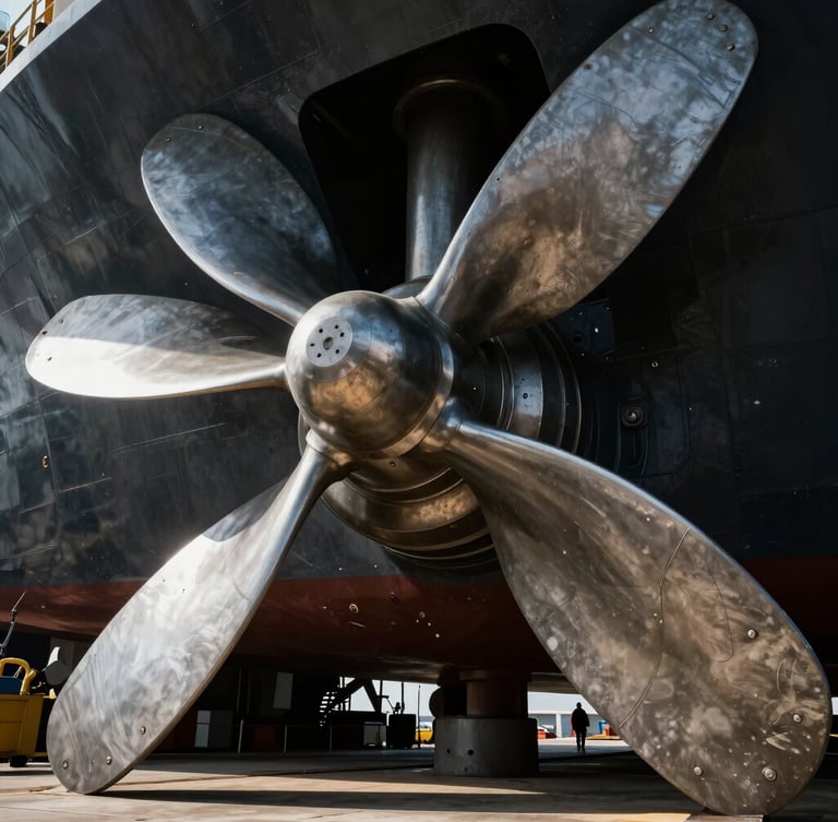 Extreme wide-angle view from the bottom of a drydock looking up at a massive ship propeller, dramatic high-contrast industrial lighting, steel textures.