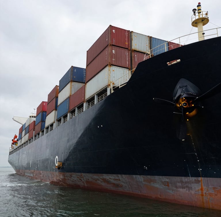 Extreme wide-angle shot of a massive commercial container ship in drydock under overcast North Sea daylight, showing the colossal scale of the hull and propeller, high-contrast industrial grit.