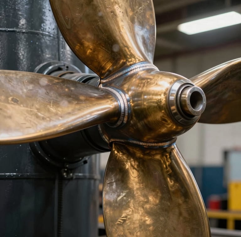 Macro close-up of a massive bronze ship propeller blade showing weld lines and heavy metallic texture, harsh industrial work lights.