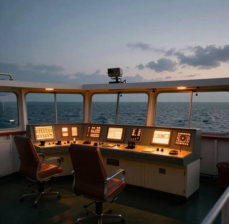 Wide-angle view of a commercial vessel bridge at night, glowing amber and orange control consoles, dark ocean visible through massive forward windows, cold overcast light.