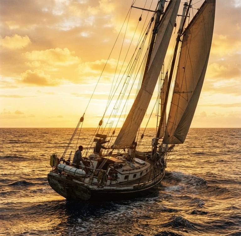Gritty 35mm film photograph of S/V Lucky Lore under sail, sun-bleached ocean tones, high contrast, weathered rigging cutting across a golden hour sky.