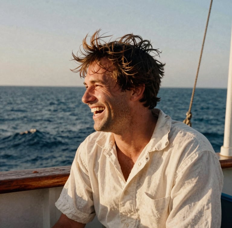 Candid moment of life on deck, a sailor laughing with wind-blown hair, warm sun-bleached tones, gritty analog feel.