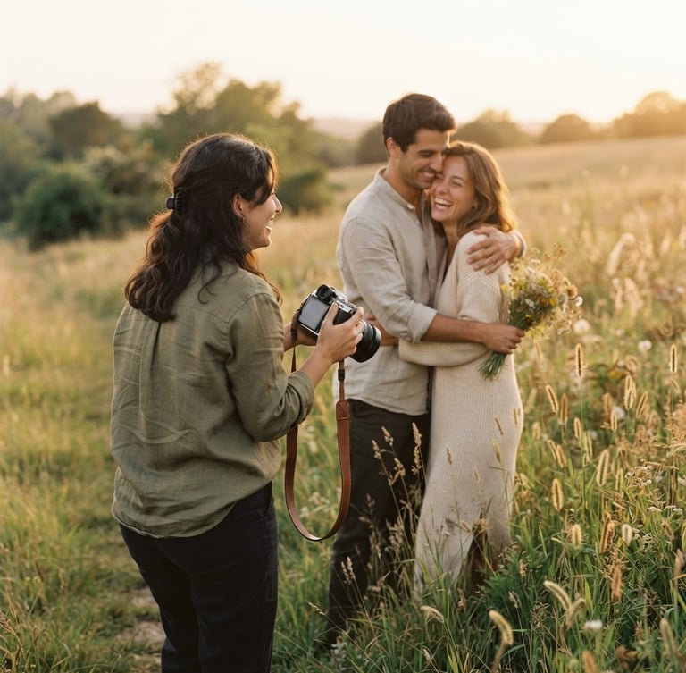 Photographer Alba Luz working candidly with a couple in a warm, natural outdoor setting during golden hour, soft cream and earth tones, shallow depth of field, 35mm film feel, capturing an intimate moment, shot from behind the photographer, showing her gentle interaction.