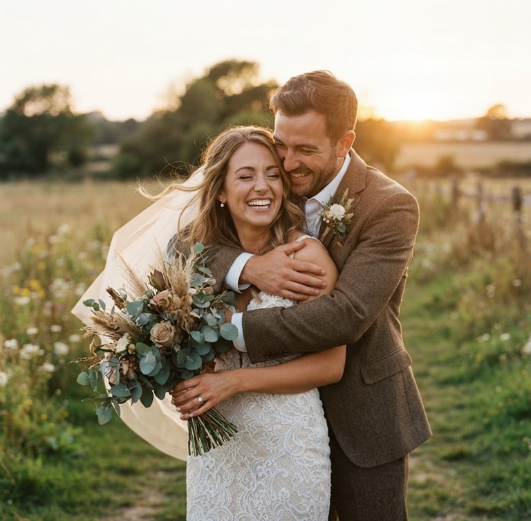 Candid wedding couple embracing in soft golden hour light, blurred natural background, warm editorial photography, 35mm film feel.