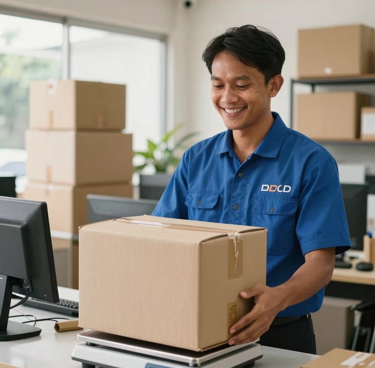 Bright realistic photography of a friendly Indonesian staff member in a clean local logistics office in Jakarta, weighing a heavy cardboard box on a digital scale, warm natural light, 35mm lens