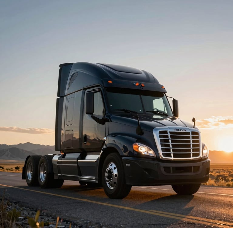 Low-angle heroic shot of a black Freightliner Cascadia truck with silver accents driving on an open Wyoming highway at sunset, cinematic golden hour lighting, mountains in the distance, 35mm lens