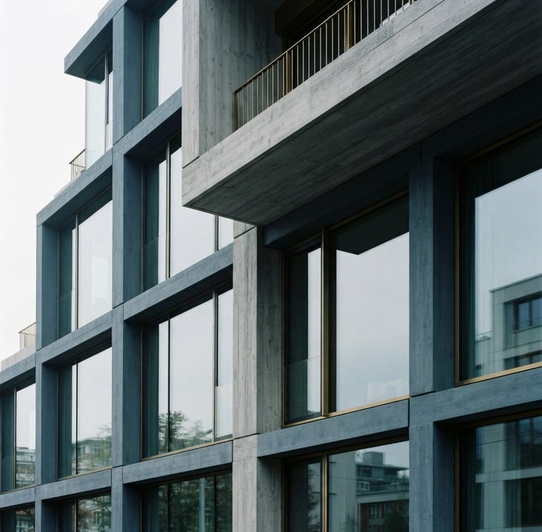 Architectural detail of a modern minimalist concrete and glass facade, sharp geometric lines, soft overcast daylight, editorial photography