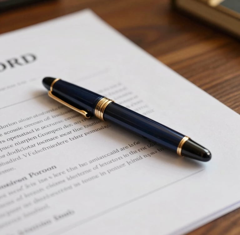 Close-up of a luxury fountain pen resting on a detailed legal contract, elegant wooden table, warm ambient lighting, shallow depth of field