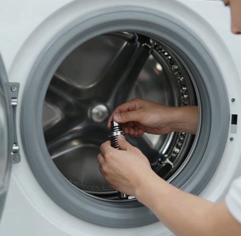 Close-up of a professional technician's hands calibrating the drum suspension of a modern front-load washing machine, bright clean workshop lighting