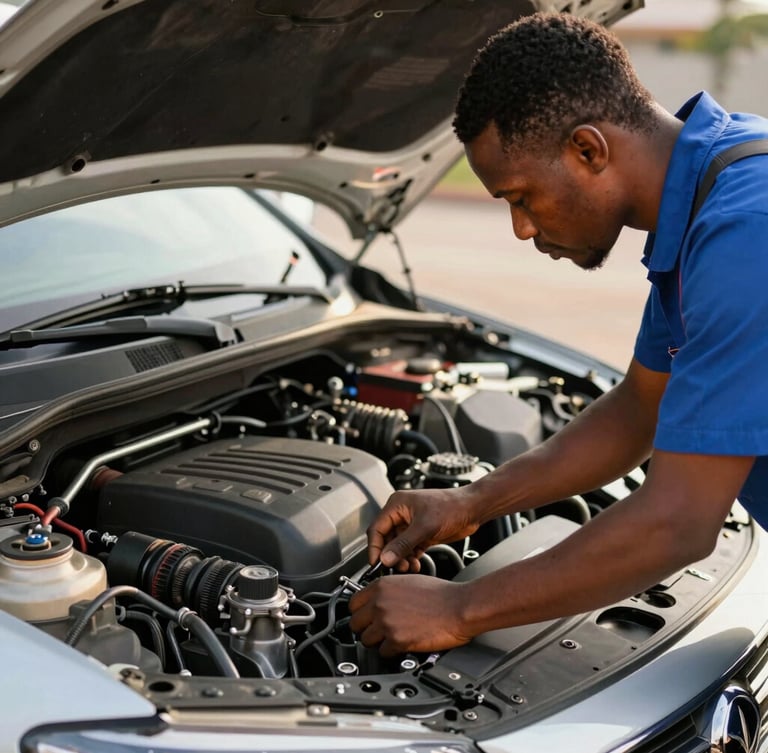 A professional Nigerian mechanic in clean overalls inspecting a car engine bay under bright natural sunlight, close-up shot, crisp details