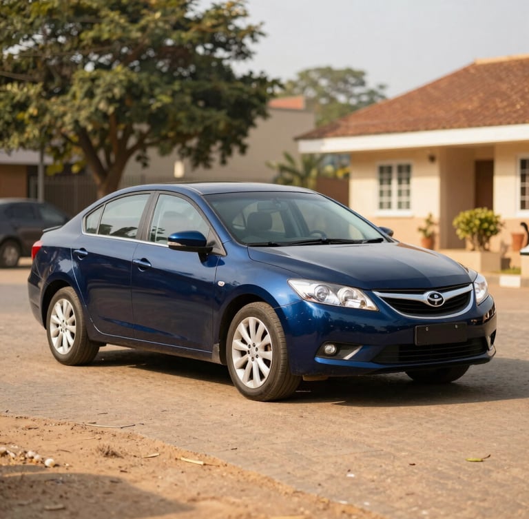 A clean navy blue sedan parked on a sunny paved lot in Ado Ekiti, bright natural Nigerian sunlight, eye-level three-quarter view, 35mm lens