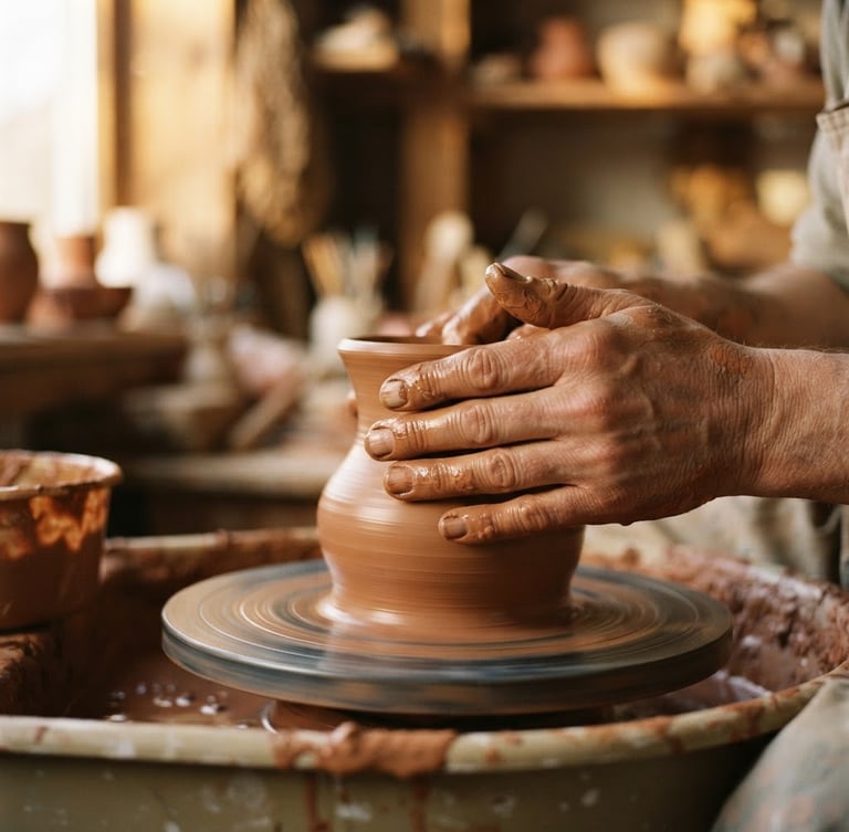 Close-up of potter hands shaping wet terracotta clay on the wheel, warm golden-hour window light casting soft shadows, shallow depth of field, 35mm