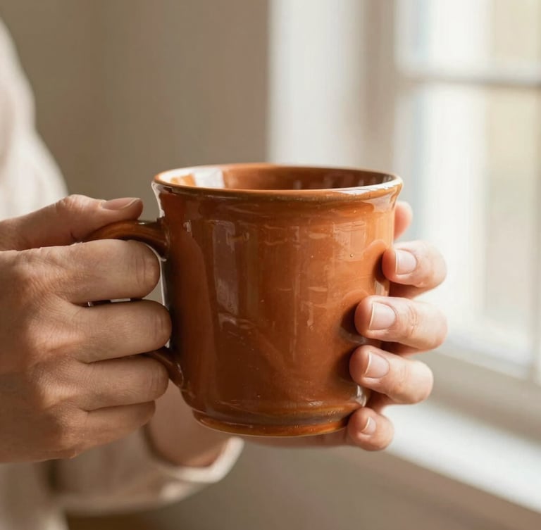 Close-up portrait of a warm terracotta ceramic mug held by two hands, showing subtle finger ridges and a rich ochre glaze texture, soft morning window light.