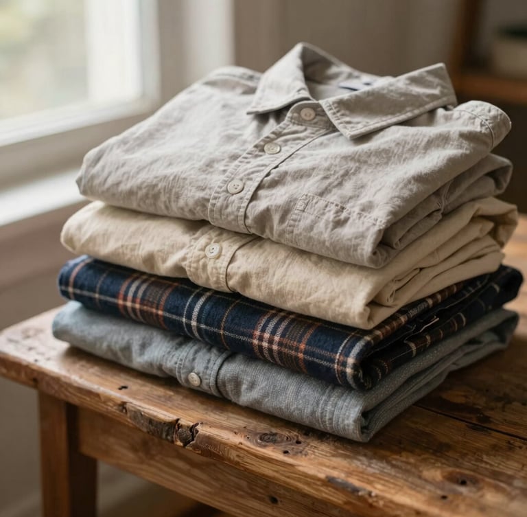 A stack of folded vintage cotton shirts and flannel garments in warm muted tones resting on a rustic wooden bench, soft morning light