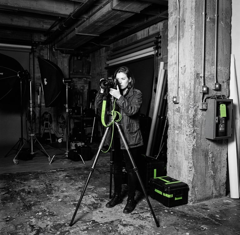 Stark editorial photography of a raw industrial concrete studio space in London, harsh direct flash, deep shadows, 35mm