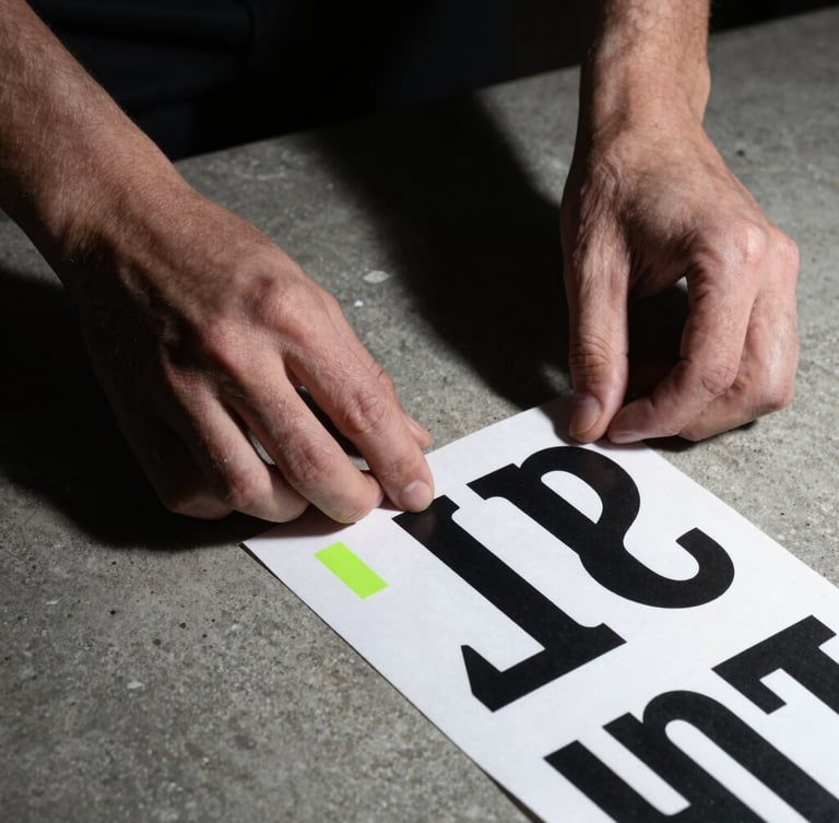 Stark close-up of hands arranging physical typography mockups on a raw concrete surface, harsh direct flash, deep shadows, monochrome, 35mm