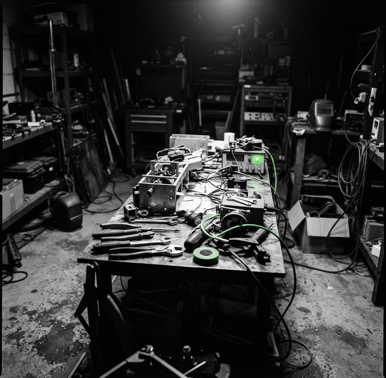 Stark editorial photograph of a raw industrial studio mockup, harsh direct flash, deep shadows, monochrome with acid green accents, 35mm