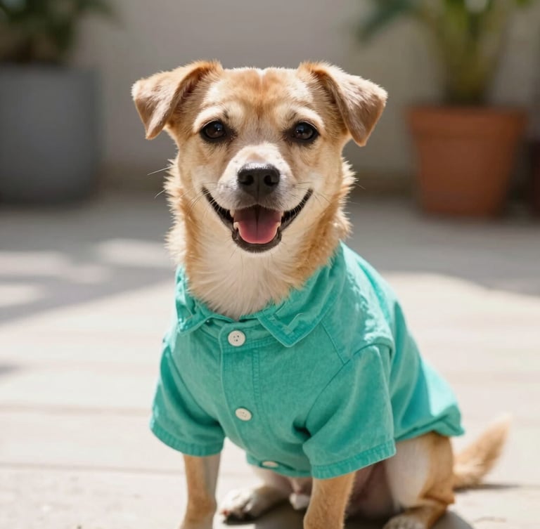 Eye-level close-up of a happy small dog wearing a vibrant teal handmade cotton shirt, sitting in bright natural daylight on a sunny patio, shallow depth of field, 35mm lens