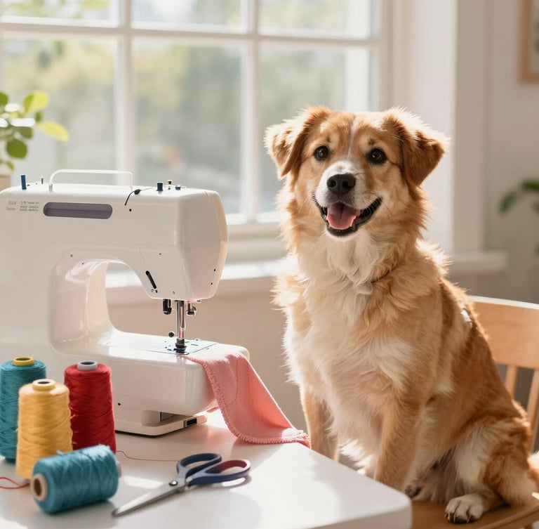 A cozy family workshop scene with colorful threads, scissors, and a dog sitting happily next to a sewing machine, warm golden sunlight streaming through a window