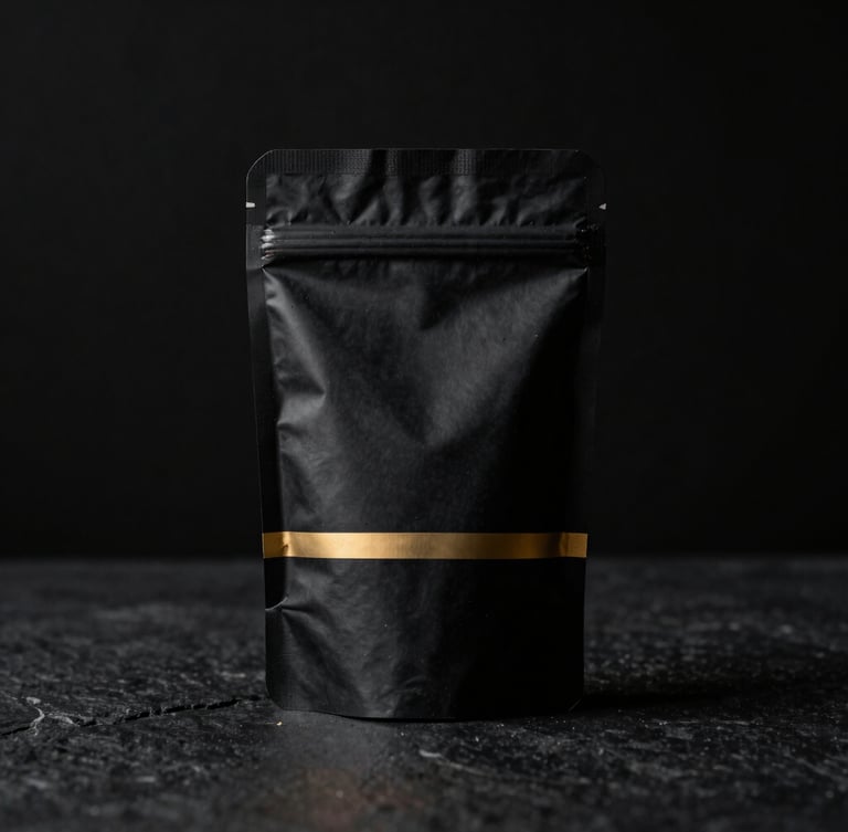 Minimalist premium black coffee packaging with subtle gold accents, vacuum-sealed, on a dark stone surface, dramatic low-key lighting, side-lit.