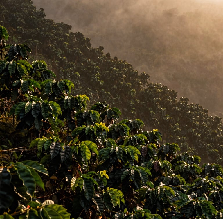 Portrait shot of lush green coffee plants on a steep volcanic slope, shrouded in morning mist, dramatic side-lighting, rich shadows, warm golden tones, wide-angle environmental shot, no people.