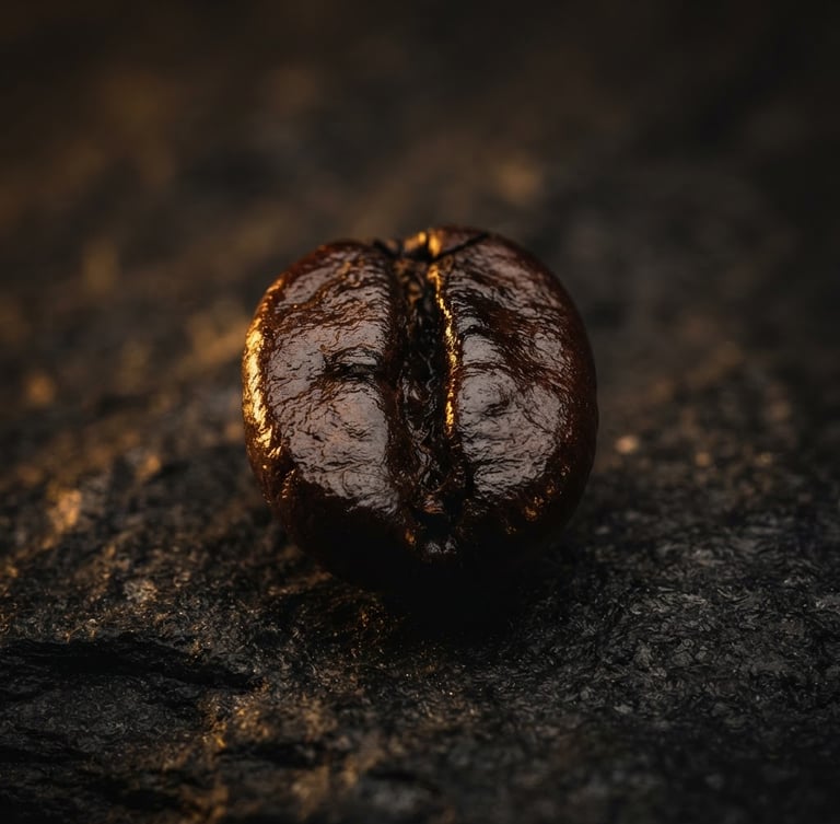 Makro biji kopi robusta mengkilap di atas permukaan gelap, disinari cahaya samping dramatis, dengan aksen keemasan.