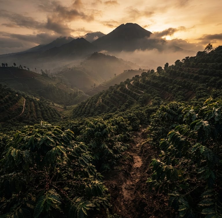 Wide-angle shot of mist-shrouded Indonesian volcanic coffee plantation at golden hour, with rows of robusta coffee trees, low horizon, dramatic lighting, rich shadows, warm golden-hour highlights.