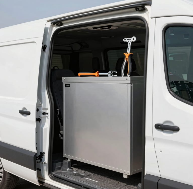 Crisp commercial photography, bright daylight, clean high-contrast tones, sharp focus on professional tools inside a modern Dubai utility van, 35mm
