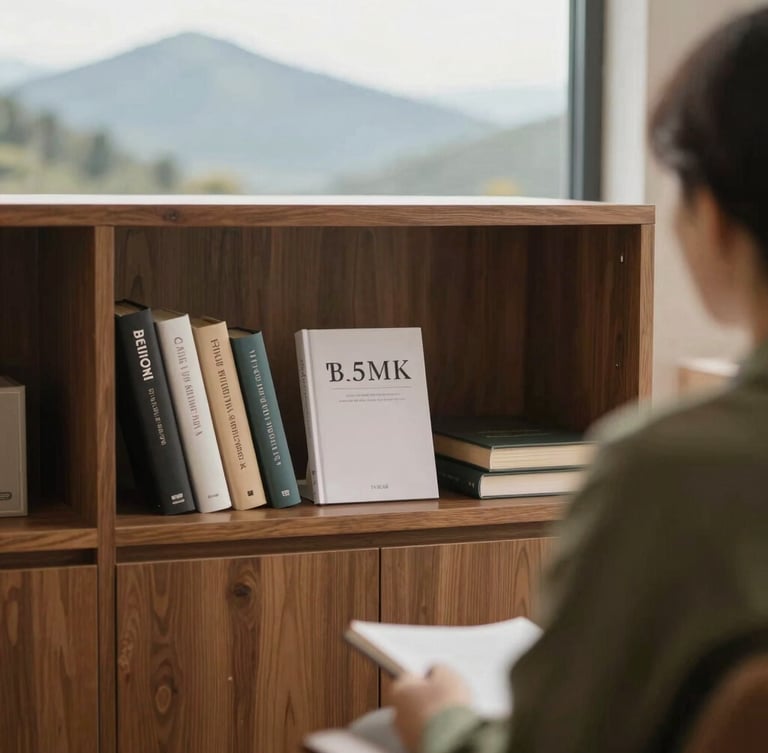 Detail of a psychologist's office, elegant wooden shelf with books, soft natural mountain light coming through a window, tranquil and professional setting