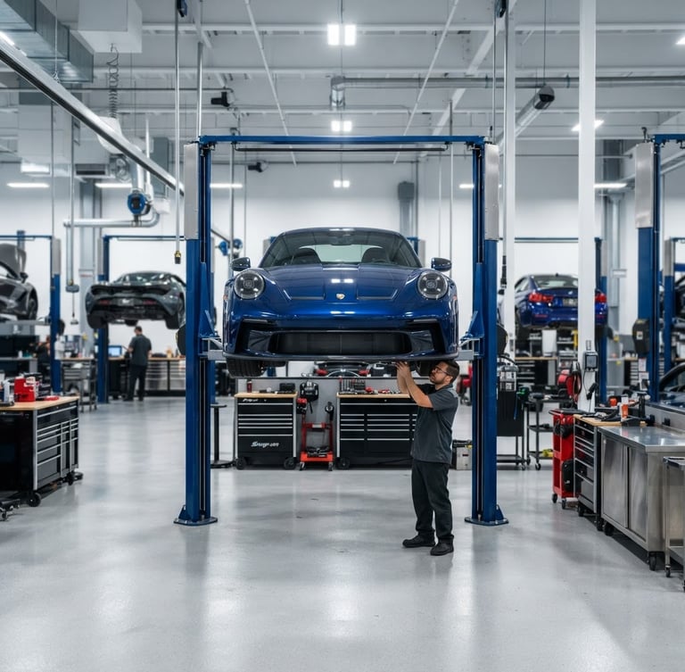 Clean, organized automotive shop floor with high-performance vehicles on lifts, bright workshop lighting, metallic tones, wide perspective.