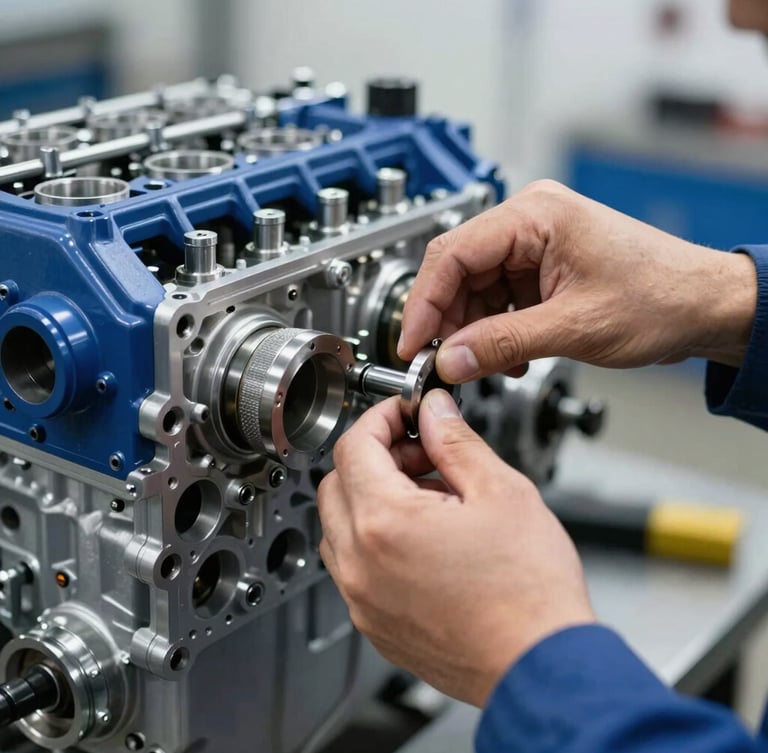 Mechanic's hands meticulously adjusting a high-performance engine component, bright workshop lighting, shallow depth of field, focused on the detail.