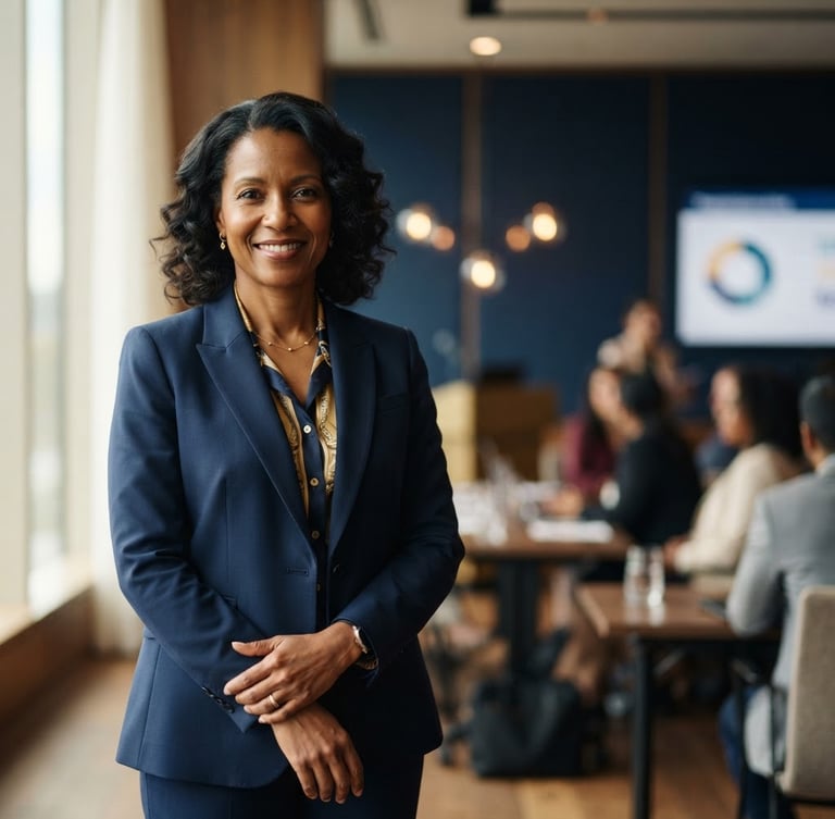 A professional environmental portrait of Dr. Esther Paul standing confidently in a modern, warm-lit seminar room, soft directional window light, rich navy background, 35mm