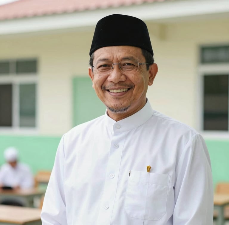 Professional portrait of Principal Makmur Hidayat Lc., M.Pd, a warm and authoritative Islamic scholar in his late 40s, wearing a neat suit and black peci, smiling warmly, bright natural daylight, soft green and cream background, shallow depth of field.