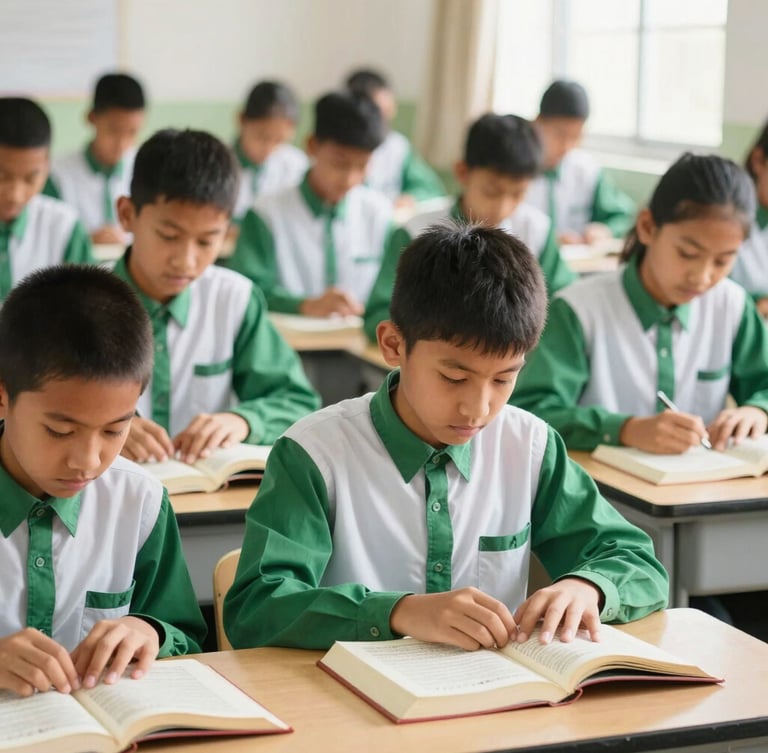 Bright editorial photography of SMP IT Al Hikmah students in green and white uniforms reading Al-Qur'an together in a sunlit classroom, warm daylight, shallow depth of field