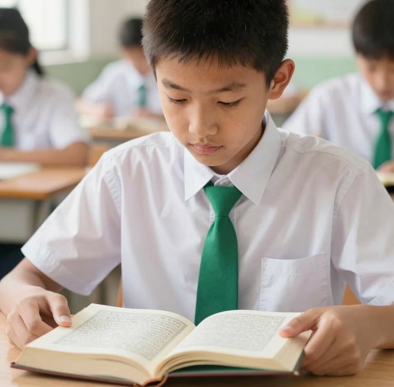 Close-up of a focused student in clean school uniform reading Al-Qur'an in a bright classroom, warm daylight, soft background