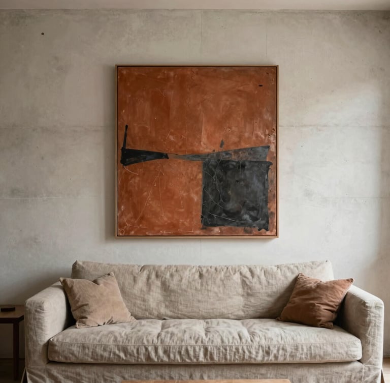 A bright, minimalist living room with raw concrete walls, a large textured terracotta and charcoal abstract painting hanging above a low linen sofa, natural side-lighting