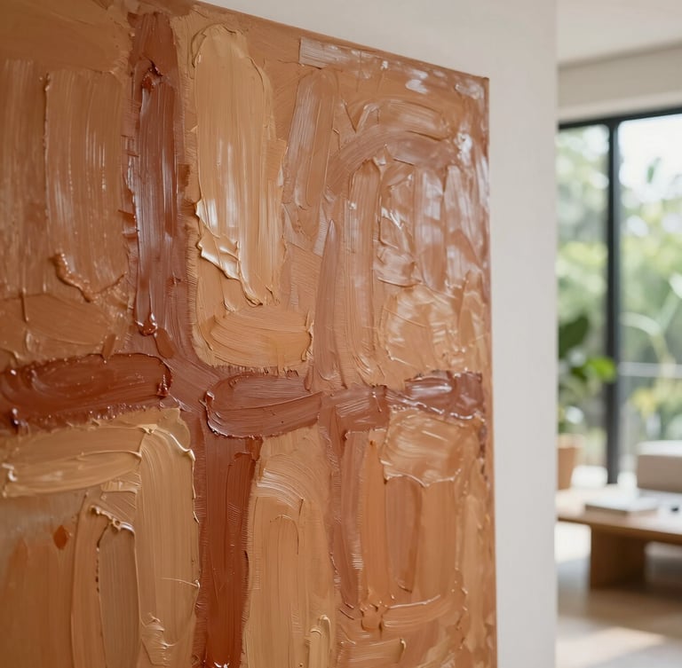 Close-up of a large abstract canvas with heavy impasto brushstrokes in ochre and terracotta, hanging in a sunlit modern apartment overlooking green foliage, shallow depth of field