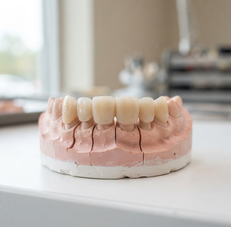 Macro clinical photograph of a custom-milled zirconia dental bridge on a precise physical model, bright natural window light, soft neutral background, shallow depth of field