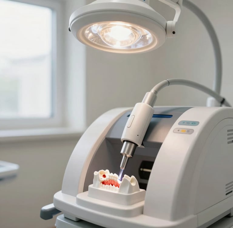 A state-of-the-art dental milling machine carving a zirconia bridge under precise water jets, bright clean clinical lighting, macro shot