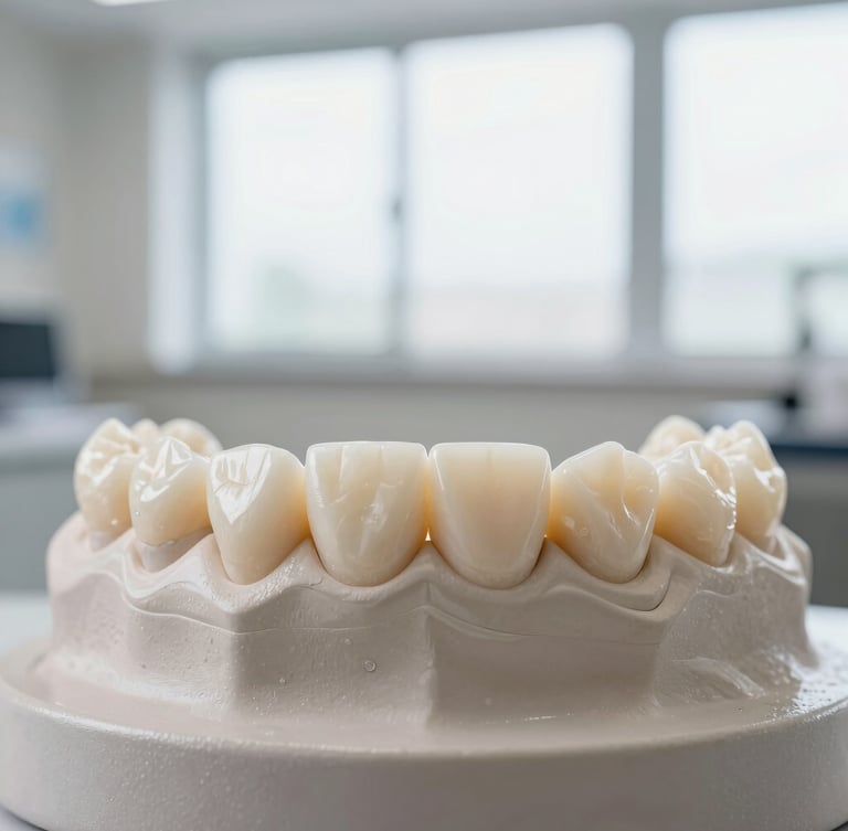 Macro close-up of a high-precision metal-free zirconia dental bridge model, resting on a clean textured surface, soft side lighting from a window, neutral tones, clinical elegance.