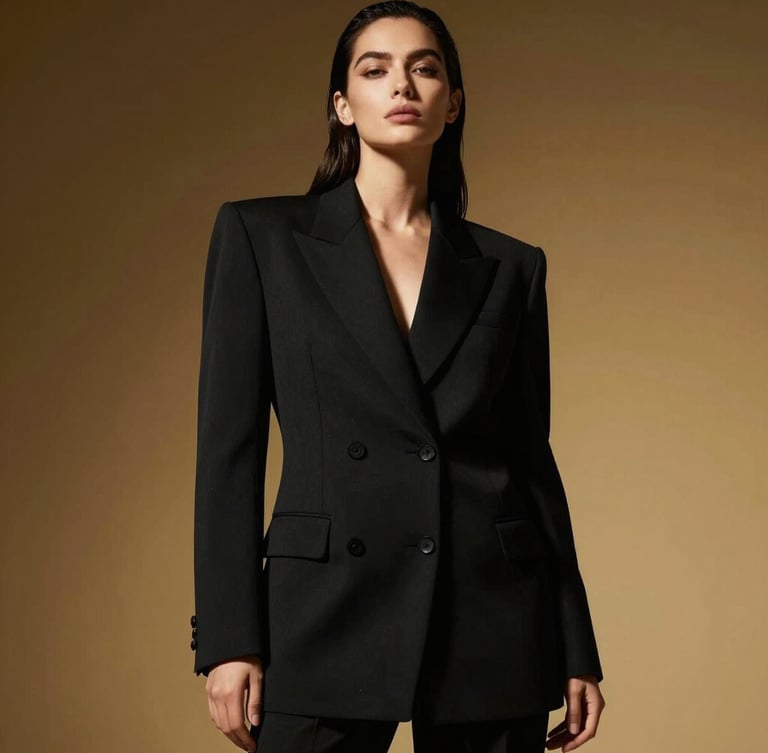 High-fashion editorial portrait of a powerful woman in a structured black blazer, dramatic studio lighting with gold highlights, sharp focus, low angle projecting authority