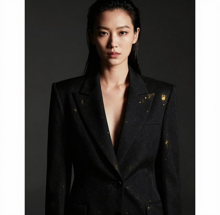 High-fashion editorial portrait of an authoritative woman in a structured black blazer, dramatic chiaroscuro lighting with subtle gold reflections, looking directly at the camera, dark studio background, medium format