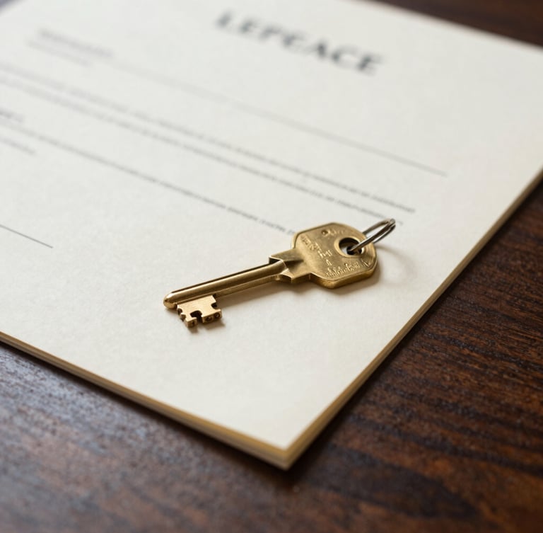 Close-up editorial photograph of brass keys resting on a clean cream-colored lease document on a dark wooden desk, soft natural daylight, sharp focus on the keys