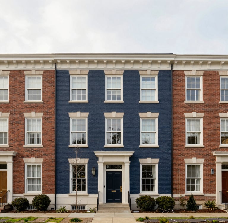 Straight-on architectural shot of a brick university-adjacent townhome under soft overcast morning daylight, clean lines, editorial framing.