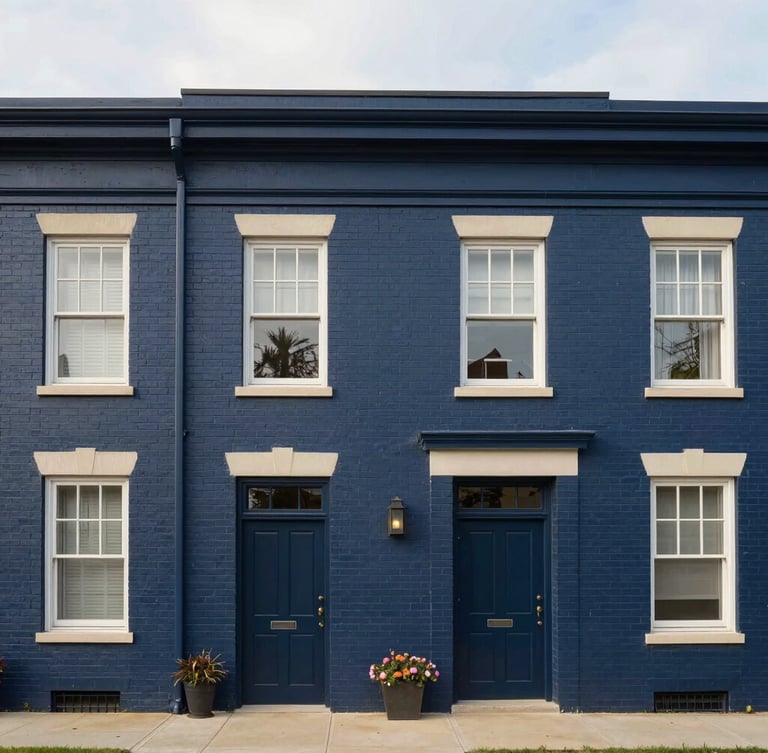Straight-on architectural shot of a brick university-adjacent townhome under soft overcast morning daylight, clean lines, muted navy tones.